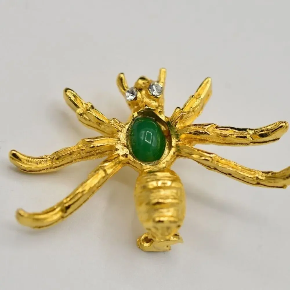 Vintage Cabochon Bug Pin Brooch Green Faux Jade Brushed Gold Insect Crystal 9B
